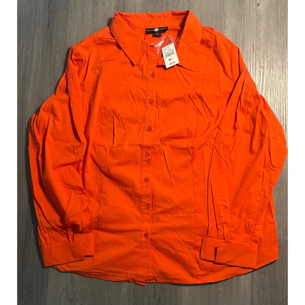 Ashley Stewart Button Down Shirt Womens 20 Orange Long Sleeve Stretch Cotton NWT